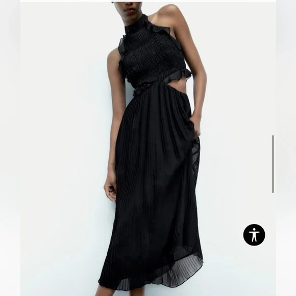 black pleated dress zara Zara Black Lace Pleated Midi Dress – The Hangout